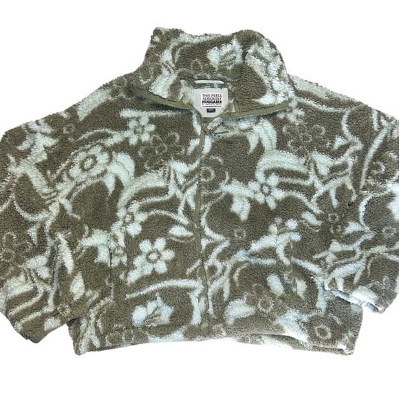 American Eagle Sherpa Fleece Jacket Women’s Small Dark Green Blue Floral Zip Up - Picture 1 of 9